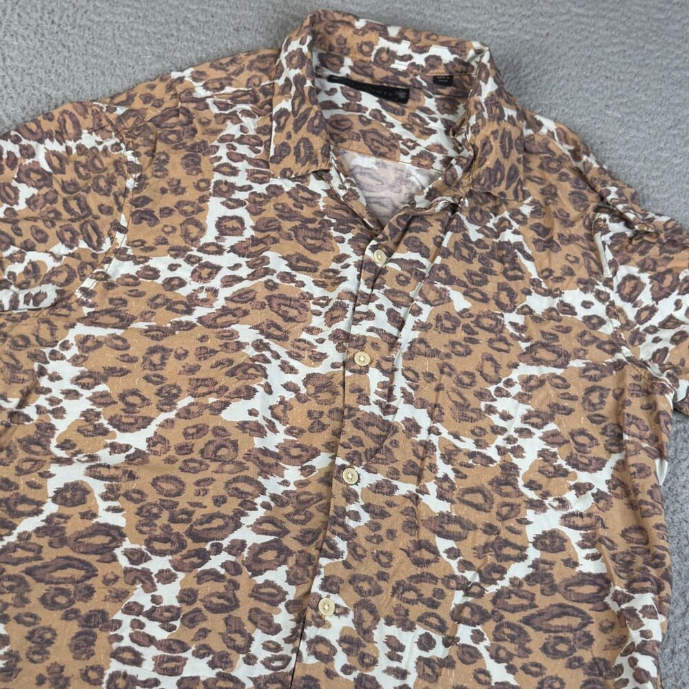 ALLSAINTS Shirt Men Medium Brown Leopard Button Up Short Sleeve Loop Collar Camp